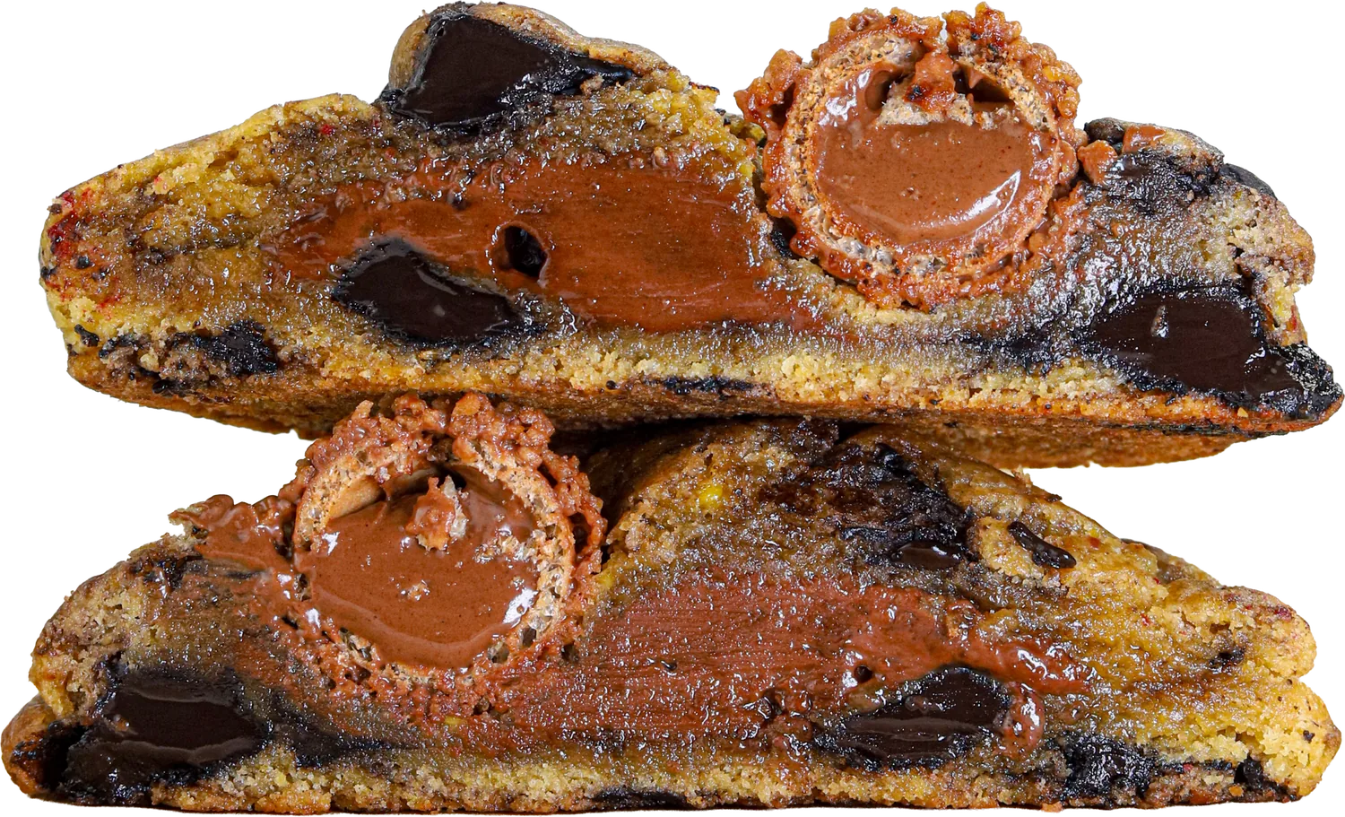 Nutella-filled cookie cut in half to show the filling